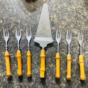 VTG Baron Solingen Bamboo Handle NOS dessert Serving Silverware MCM Set